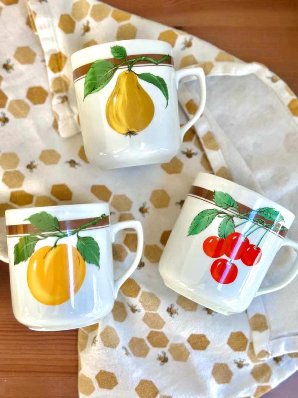 Set of 3 vintage Dubí Porcelain "Fruit Orchard" porcelain mugs